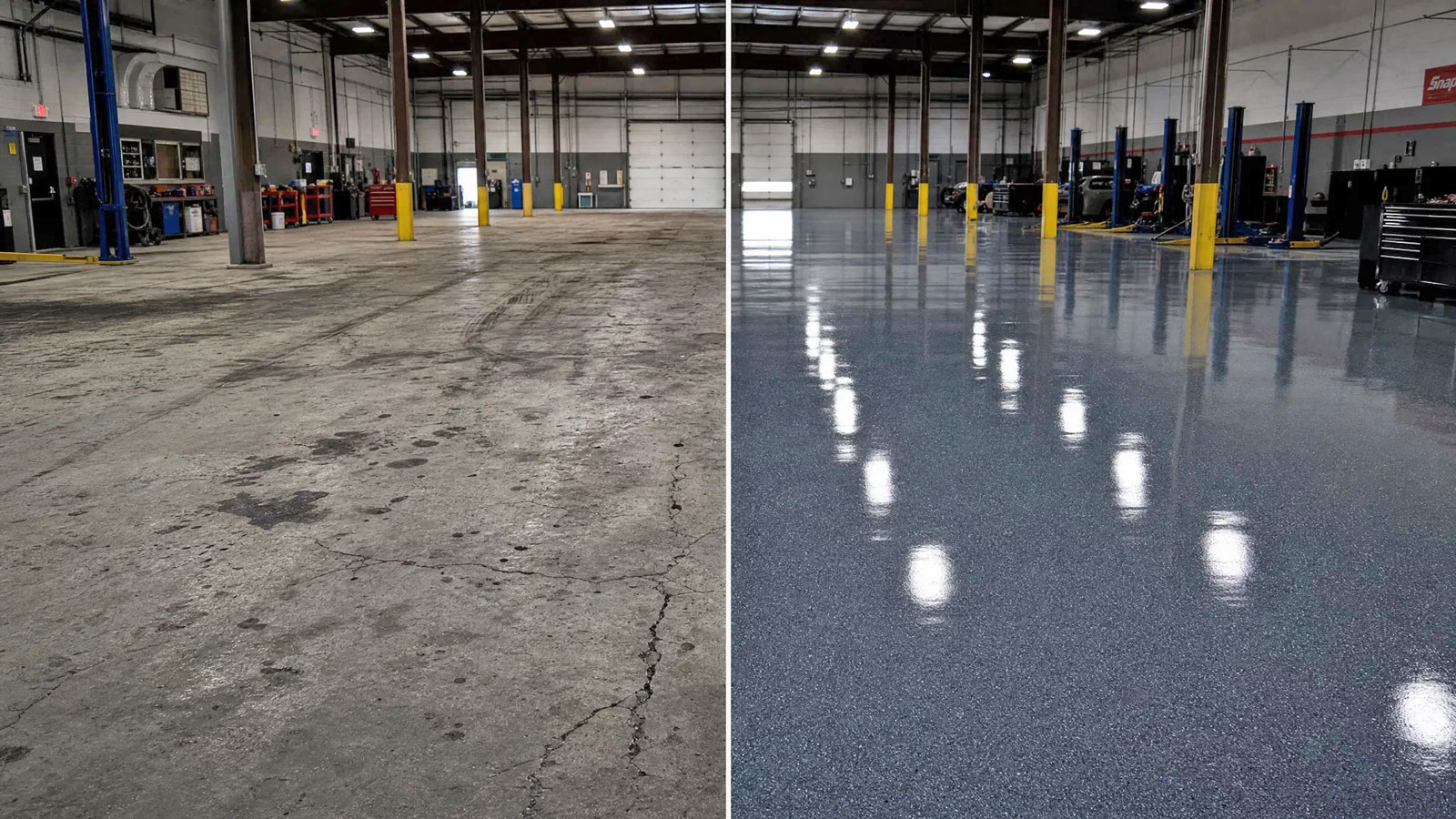 Commercial floor coating before and after — commercial garage floor